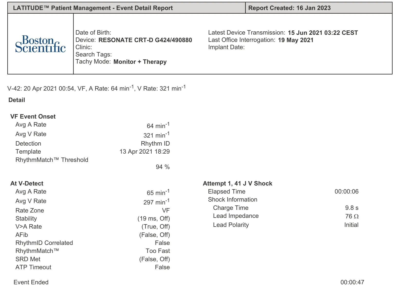 Event detail report — Detection and treatment of a VF episode