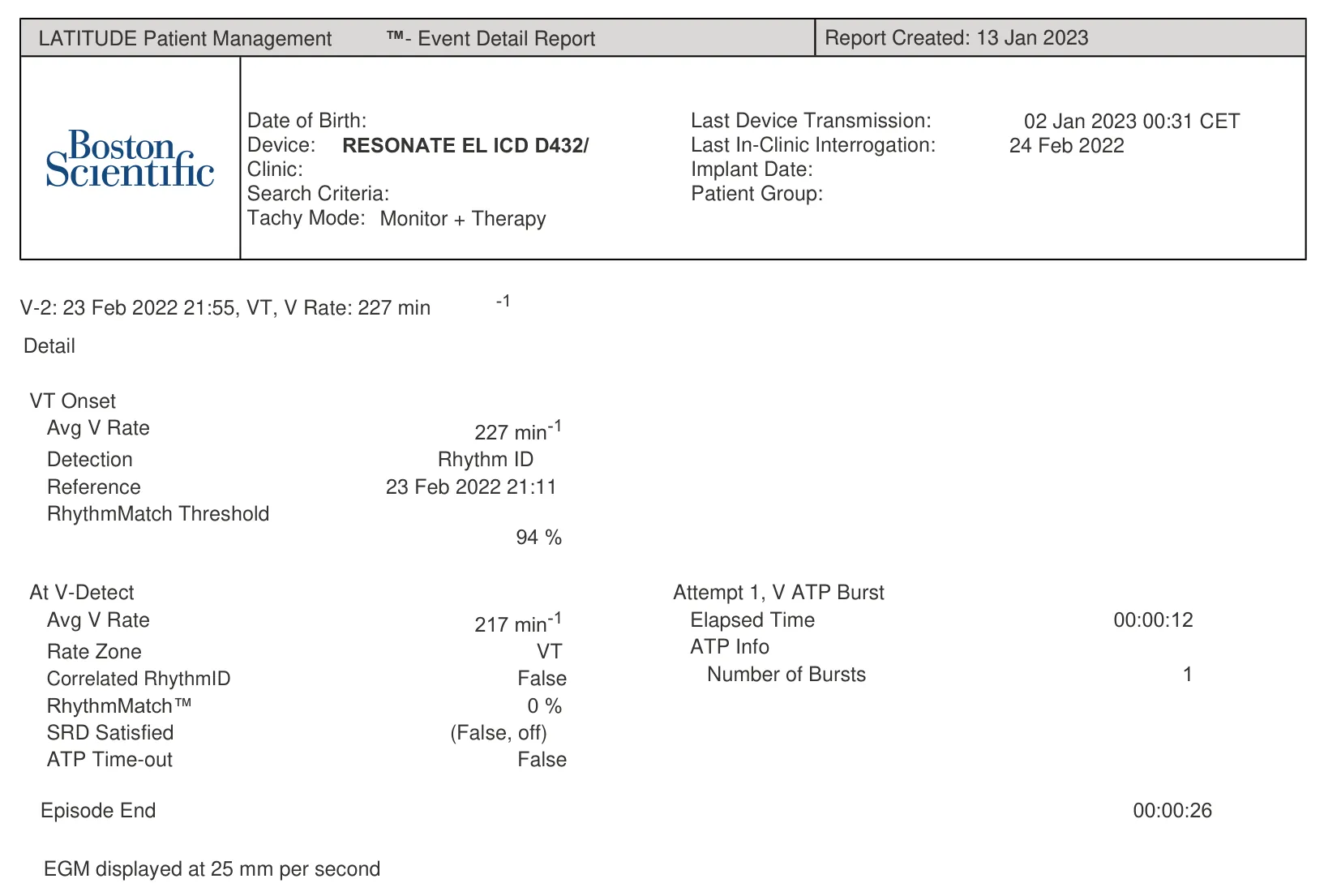 Event detail report — Single-chamber discrimination, Rhythm ID and a ventricular tachycardia episode