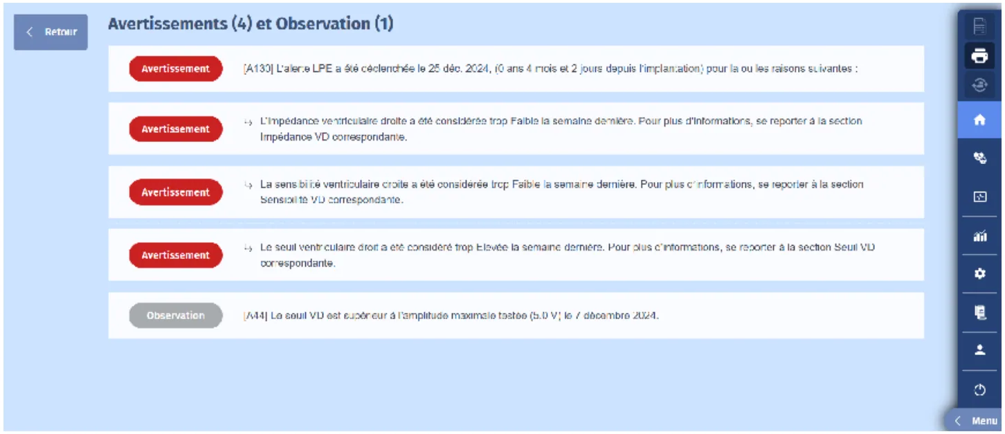 MicroPort DAI, Interrogatoire — Paramètres de sonde: alerte VD (LPE)