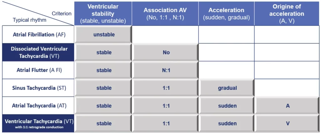Typical arrhythmias classified by PARAD+ according to ventricular stability, AV association, acceleration and origin of acceleration