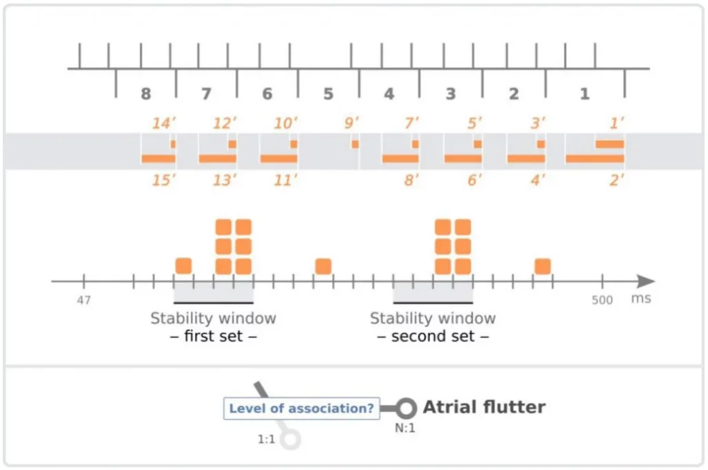 PR histogram with two sets of PR intervals: association level N:1, atrial flutter